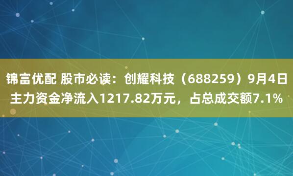 锦富优配 股市必读：创耀科技（688259）9月4日主力资金净流入1217.82万元，占总成交额7.1%